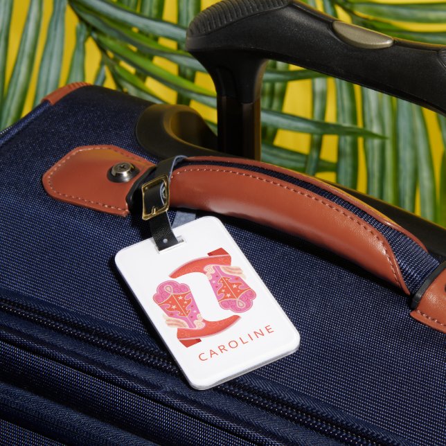 Pink and Orange Western Cowboy Boots Personalized Luggage Tag (Front Insitu 1)