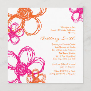Pink and Orange Wild Flowers Birthday Invitation