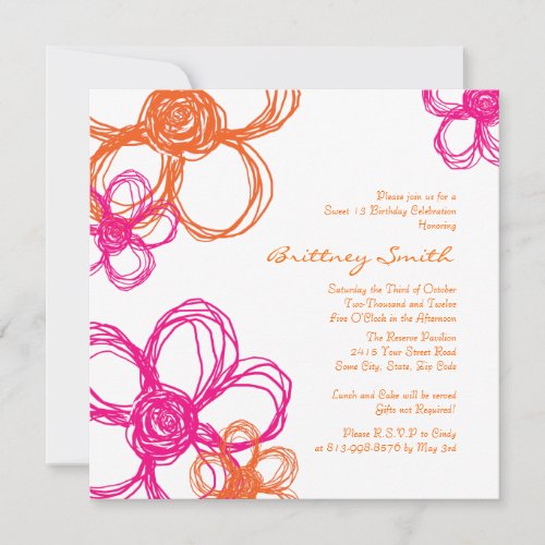 Pink and Orange Wild Flowers Birthday Invitation