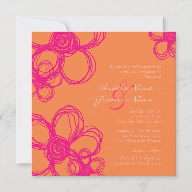 Pink and Orange Wild Flowers Wedding Invitation (Front)