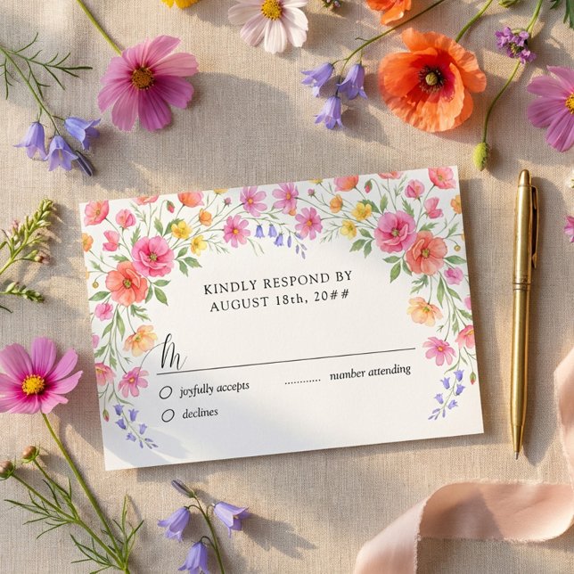 Pink and Orange Wildflower Wedding RSVP Card (Pretty floral RSVP card from the Wildflower Bloom collection by Darling & May)