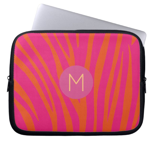 Pink and Orange Zebra Stripes Modern Monogram Laptop Sleeve (Front)