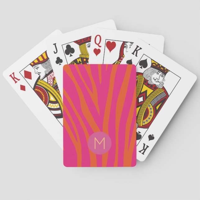Pink and Orange Zebra Stripes Modern Monogram Poker Cards (Back)