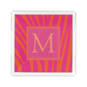 Pink and Orange Zebra Stripes Monogram Acrylic Tray