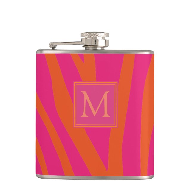 Pink and Orange Zebra Stripes Monogram Flask (Front)