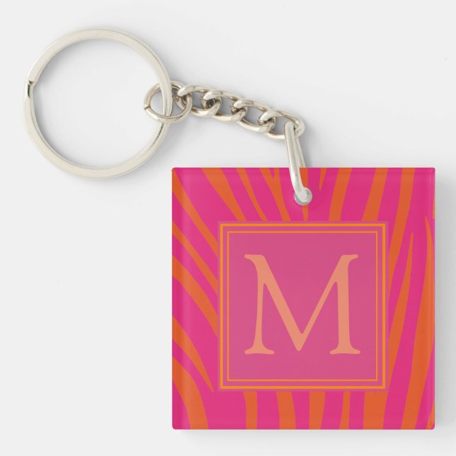 Pink and Orange Zebra Stripes Monogram Keychain (Front)