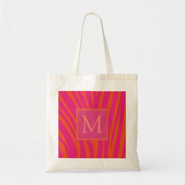 Pink and Orange Zebra Stripes Monogram Tote Bag (Front)