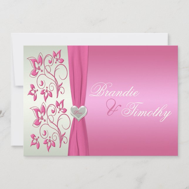 Pink and Pale Green Floral Wedding Invitation (Front)