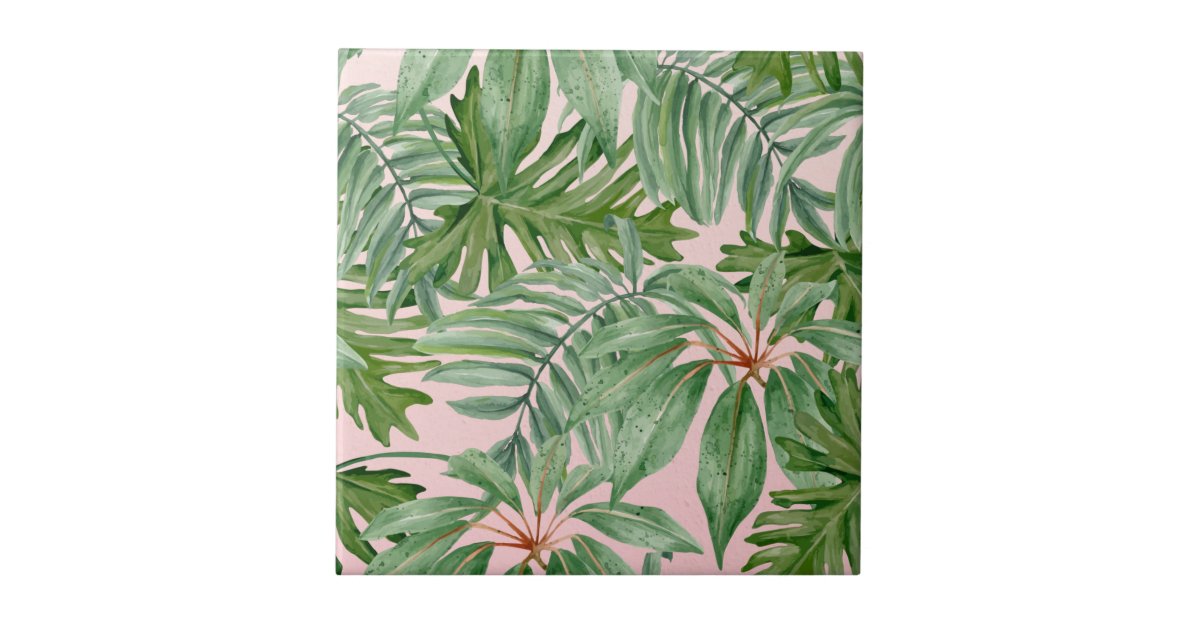 Pink and Palm Leaf Tropical Floral Pattern Ceramic Tile ...