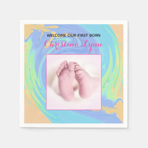 Pink and Pastel First Born With Photo Napkins