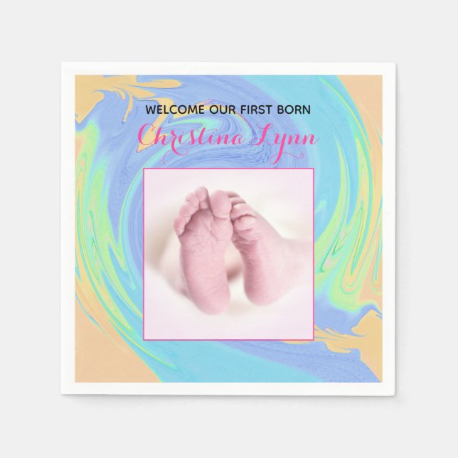 Pink and Pastel First Born With Photo Napkins (Front)