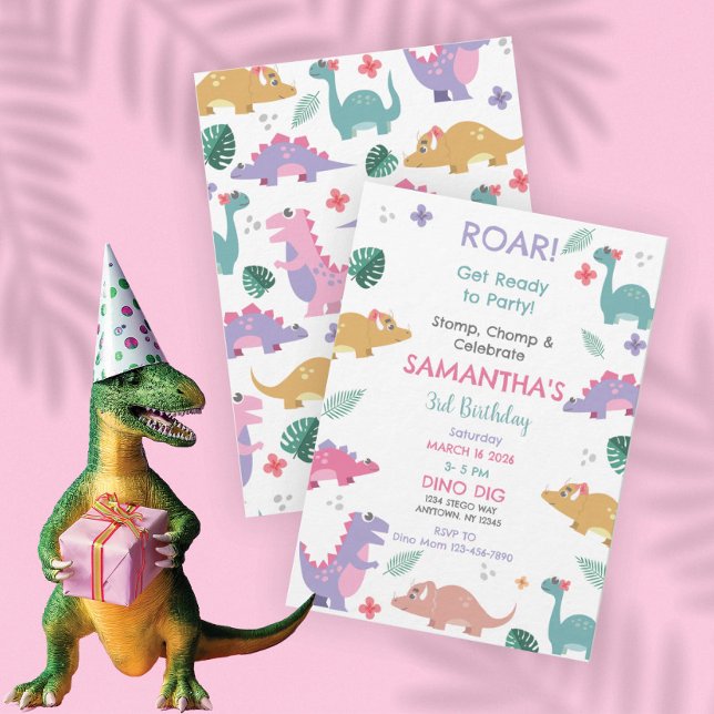 Pink and Pastel Girls Dinosaur Birthday Invitation (Creator Uploaded)