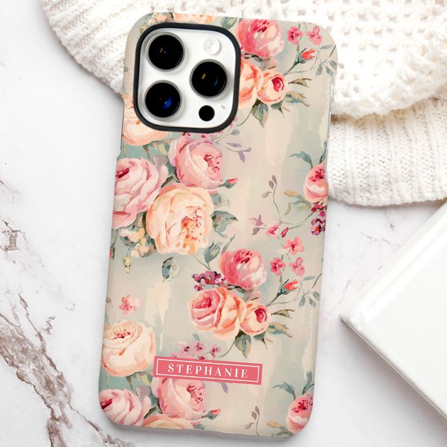 Pink and Peach Custom Name Floral  Case-Mate iPhone Case (Creator Uploaded)