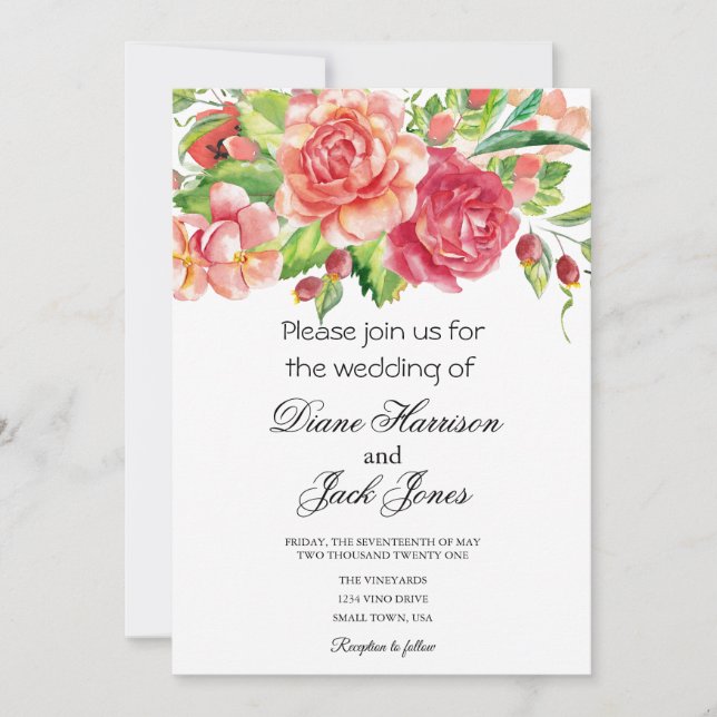 Pink and Peach Floral Wedding Invitation (Front)