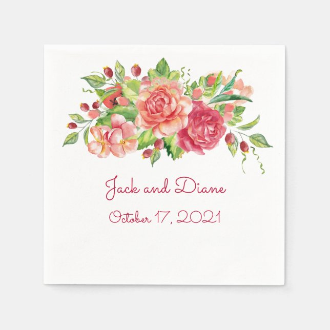 Pink and Peach Floral Wedding Napkins (Front)