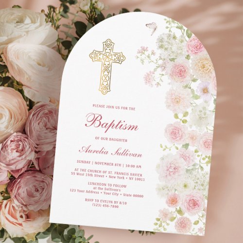 Pink and Peach Flowers Arch Baptism Invitation