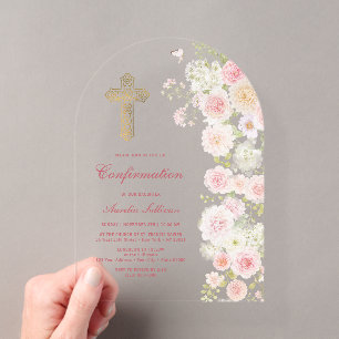 Pink and Peach Flowers Arch Confirmation Acrylic Invitations