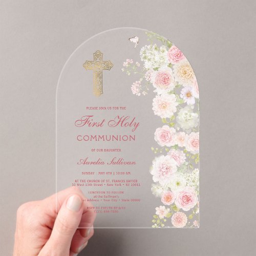 Pink and Peach Flowers Arch First Communion Acrylic Invitations