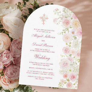 Pink and Peach Flowers Arch Religious Wedding Invitation