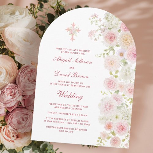 Pink and Peach Flowers Arch Religious Wedding Invitation