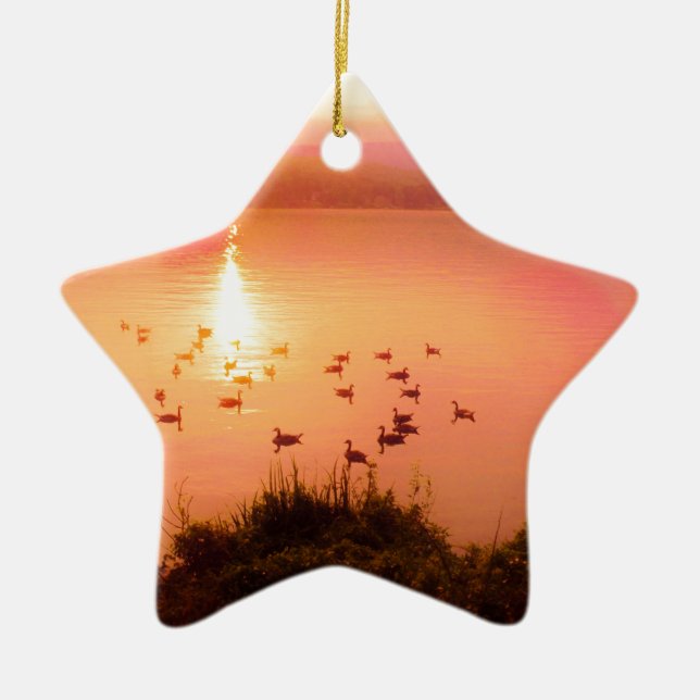 Pink and peach lake sunset ceramic ornament (Front)