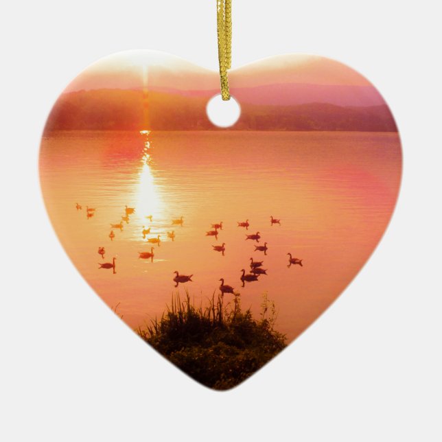 Pink and peach lake sunset ceramic ornament (Front)