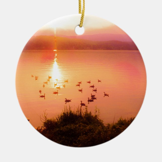 Pink and peach lake sunset ceramic ornament (Front)