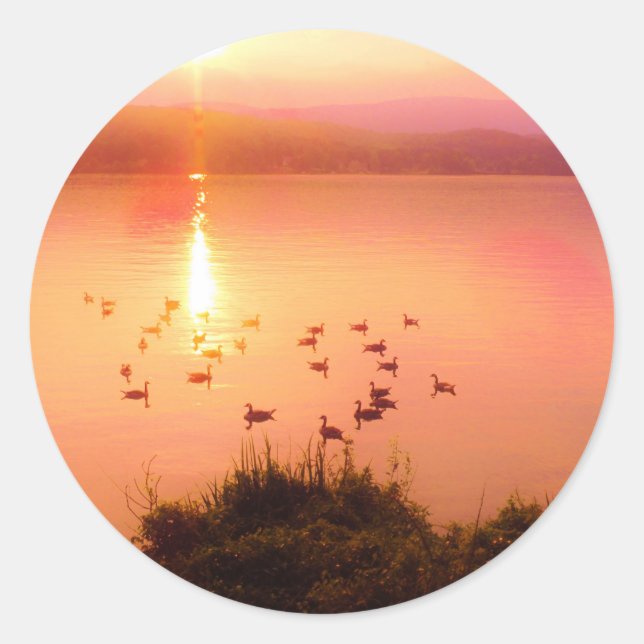 Pink and peach lake sunset classic round sticker (Front)