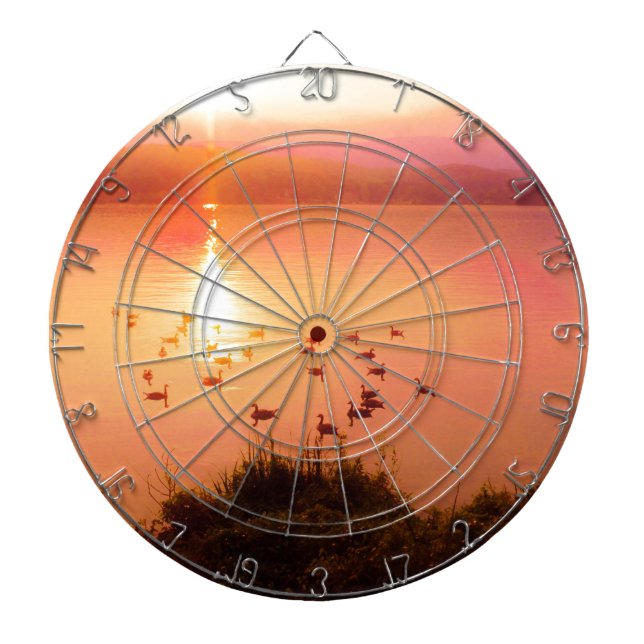 Pink and peach lake sunset dart board (Front)