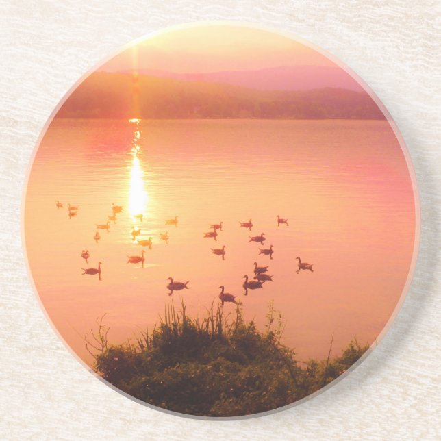 Pink and peach lake sunset drink coaster (Front)