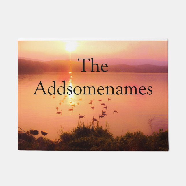 Pink and peach lake sunset Family Name Doormat (Front)