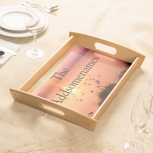 Pink and peach lake sunset Family Name Serving Tray