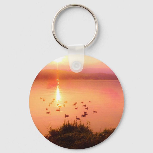 Pink and peach lake sunset keychain (Front)