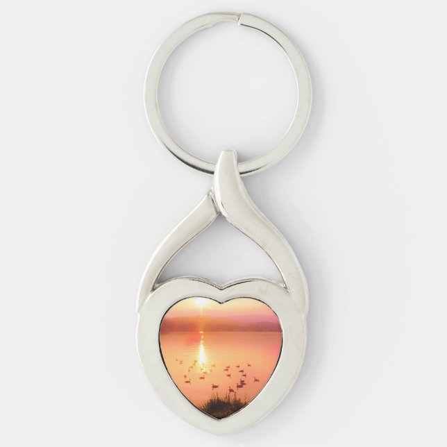 Pink and peach lake sunset keychain (Front)