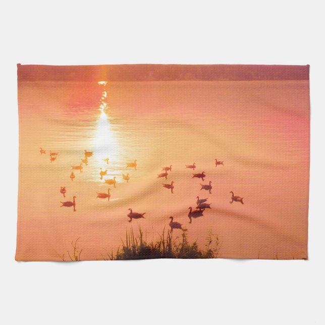 Pink and peach lake sunset kitchen towel (Horizontal)