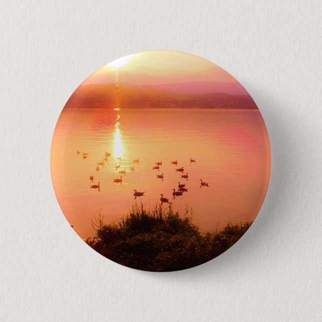 Pink and peach lake sunset pinback button (Front)