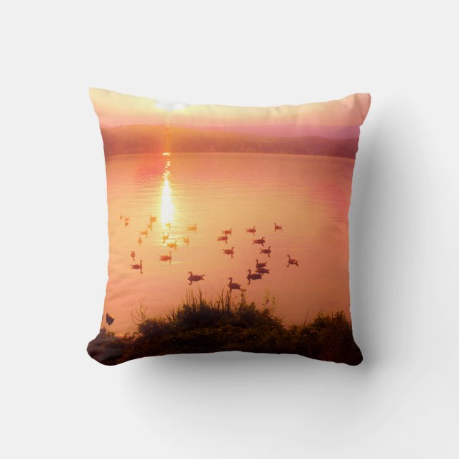Pink and peach lake sunset throw pillow (Front)
