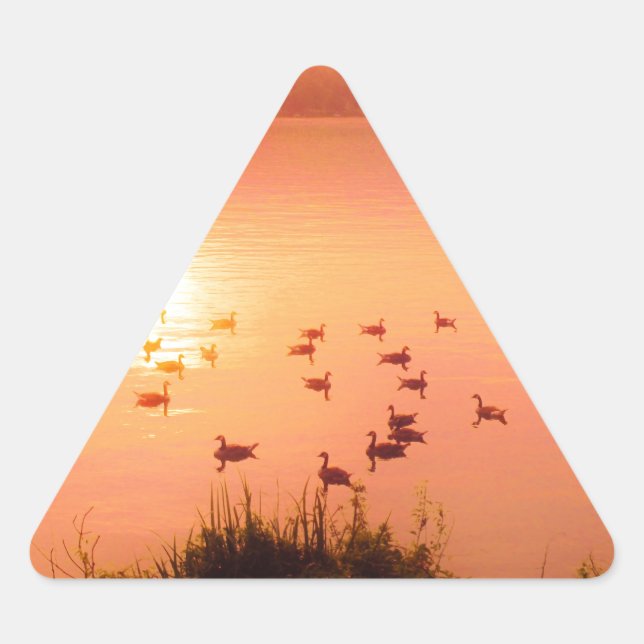 Pink and peach lake sunset triangle sticker (Front)
