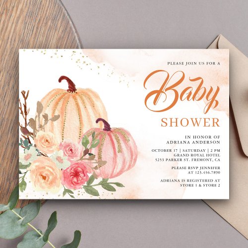 Pink and Peach Pumpkin Floral Fall Baby Shower Invitation