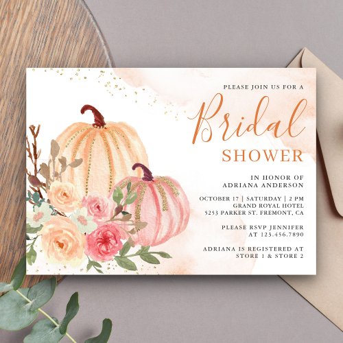 Pink and Peach Pumpkin Floral Fall Bridal Shower Invitation