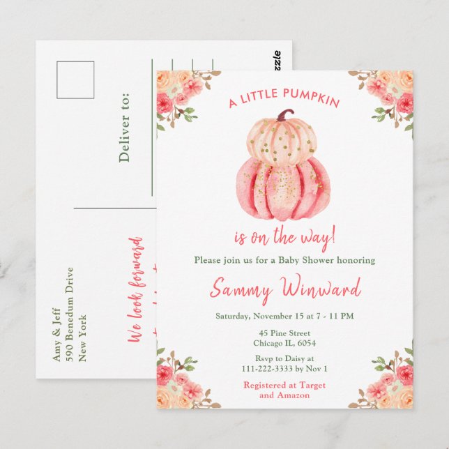 Pink and Peach Pumpkins Baby Shower Postcard (Front/Back)