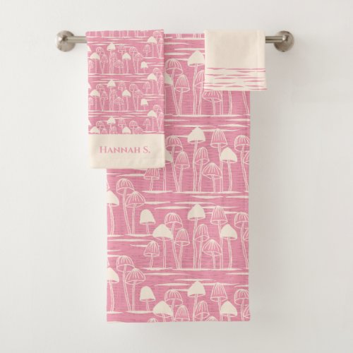Pink and peach Retro Wild Mushrooms Forest towels 