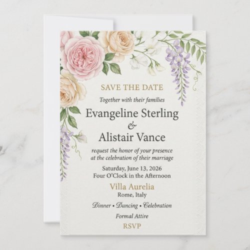 Pink and Peach Roses, Wisteria, Lace Border Frame, Invitation