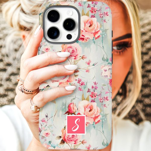 Custom Phone Cases 6 Pink And Peach Watercolor Floral Monogram Iphone 16 Pro Max Case