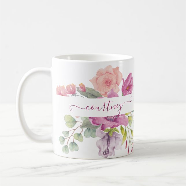 Pink and peach watercolor floral personalized coffee mug (Left)