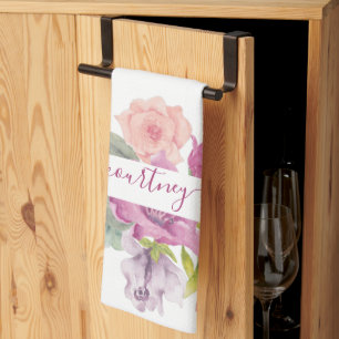 Pink and peach watercolor floral personalized  kitchen towel