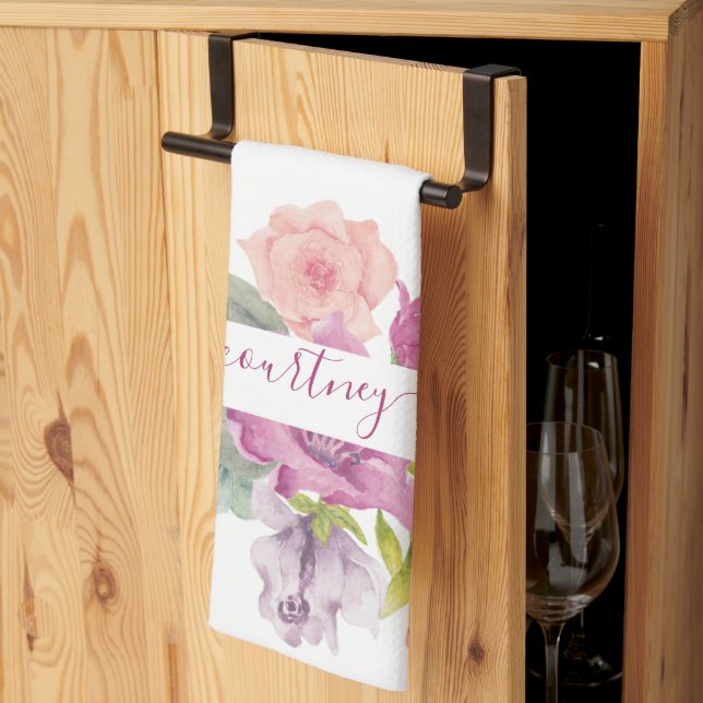 Pink and peach watercolor floral personalized  kitchen towel (Thirds Fold)
