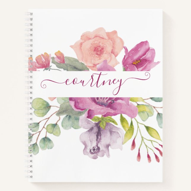 Pink and peach watercolor floral personalized  notebook (Front)