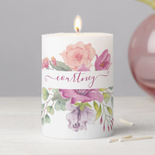 Pink and peach watercolor floral personalized  pillar candle