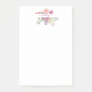 Pink and peach watercolor floral personalized post-it notes